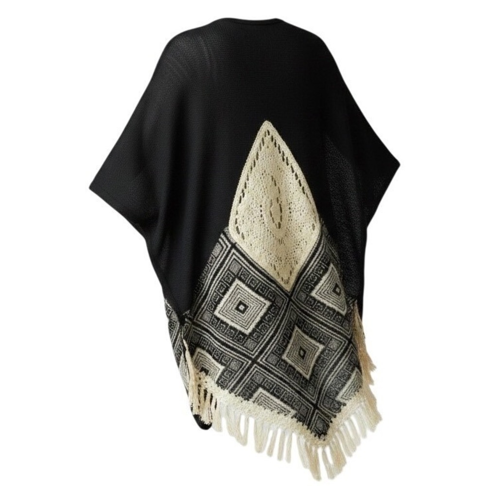 Umgee Cardigan Womens XL/1XL Boho Geometric Fringe Open Front Kimono Wrap Black